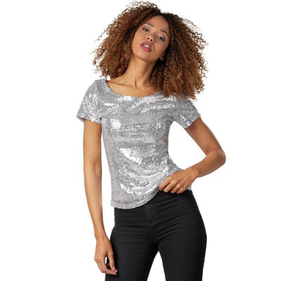 B&Q -  Short Sleeve Sequin Top -303712Silver M