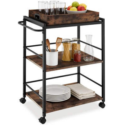 Tectake Drinks Trolley Worcester3 Shelves And Removable Tray4 Swivel Castors With Parking BrakeIndustrial Wood DarkRustic from B&Q