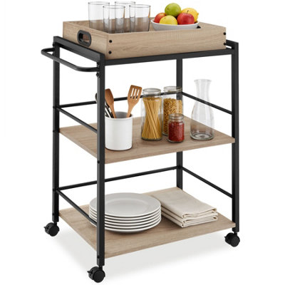 Tectake Drinks Trolley Worcester3 Shelves And Removable Tray4 Swivel Castors With Parking BrakeIndustrial Wood LightOak Sonoma from B&Q