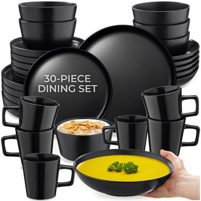 Tectake 30 Pc Dinnerware Set Una – Dinner Set, Incl. Plates, Bowls And Mugs, For 6 People – Black