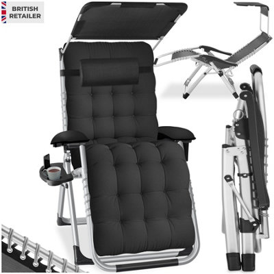 Tectake Sun Lounger Cirrus With Plush PaddingBuilt-In Sun Shade And Folding FunctionBlackPer Piece