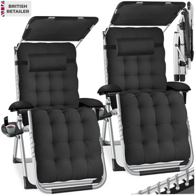 Tectake Sun Lounger Cirrus With Plush PaddingBuilt-In Sun Shade And Folding FunctionBlackSet Of 2