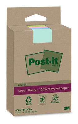 Stikatak Post-It Super Sticky 100% Recycled Notes XxlAssorted ColorsLinedPack Of 4 Pads45 Sheets Per Pad102 mm X 152 mmExtra from B&Q