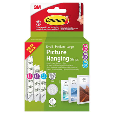 Command Picture Hanging Strips White 18 Pairs 36 Strips 8 Large 6 Medium 4 Small from B&Q