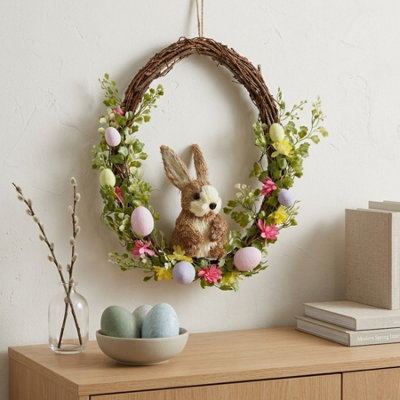 Springtime Easter Straw Bunny Floral Wreath from B&Q