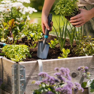 Planting flowers in a raised garden bed