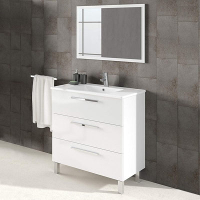 Amos Mann Furniture Rimini 800mm White Soft Gloss Bathroom Vanity Cabinet With Sink from B&Q