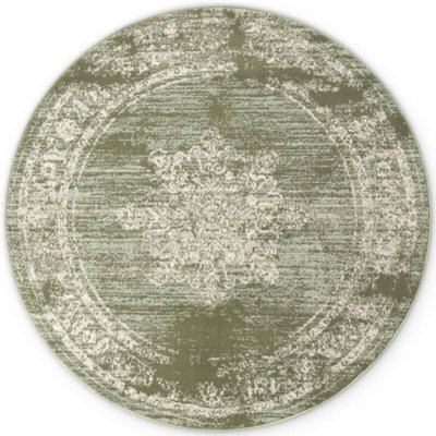 The Rugs Gloria Round Rug Lydia Vintage Oriental Short Pile In Green from B&Q