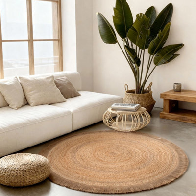 The Rugs Braided Reversible Jute Round Nuru  Gold Handwoven Living Room Rug from B&Q