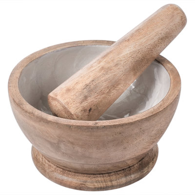 B&Q -  Mortar And Pestle Qena Mango Wood Brown/ White