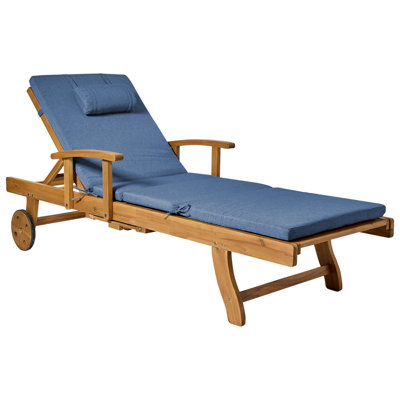 Beliani Sun Lounger With Cushion Java Premium Reclining Acacia Wood Blue from B&Q