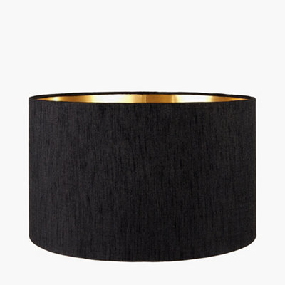 40cm Art Deco Black Lamp Shade Slubbed Faux Silk Gold Lined Cylinder Table or Floor Lampshade