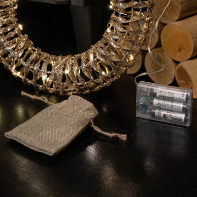 40cm Battery Operated Light up Gold Glitter Twist Christmas Wreath