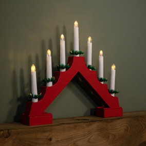 40cm Battery Operated Light up Red Wooden Christmas Candle Bridge with 7 Warm White LEDs