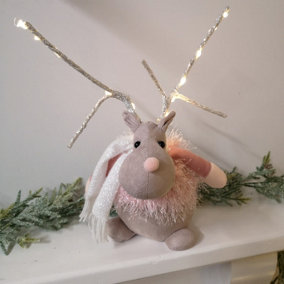 40cm Battery Operated Plush Pink Christmas Reindeer with LED Lit Antlers