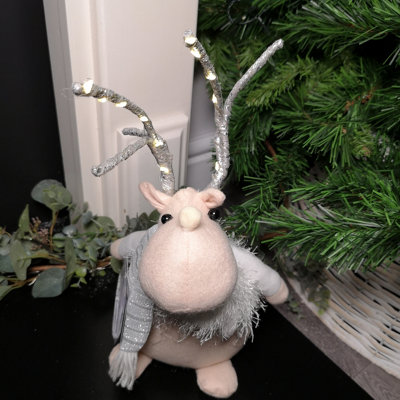 40cm Battery Operated Plush White Christmas Reindeer with LED Lit Antlers