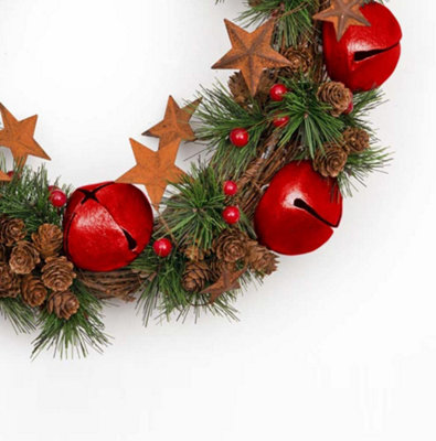 40cm Bells Stars Pine Green Christmas Wreath
