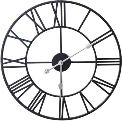 40cm Black Metal Roman Numerals Large Analog Wall Clock Indoor & Outdoor, Silent Non-Ticking