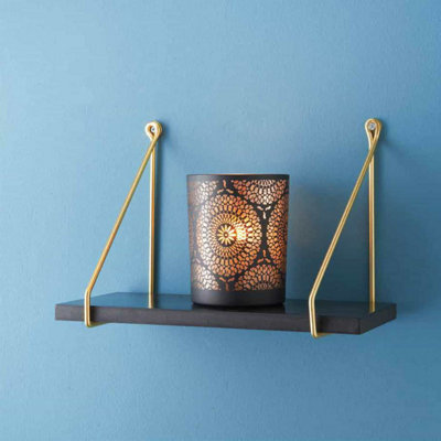 40cm Black Wood Floating Wall Shelf  Small Industrial Hanging Shelf