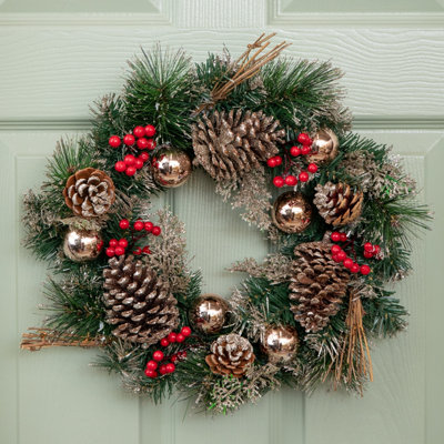 40cm Gold Dressed Christmas Wreath, Baubles, Pinecones and Berries