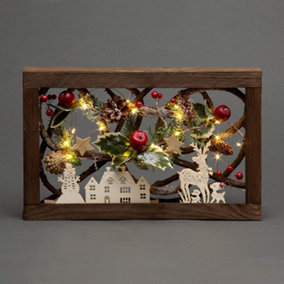 40cm Prelit Wooden Rectangle Frame Tabletop Decorations Xmas Ornament Decorated with Leaves Pine Cones Berries 3D Nordic Scene