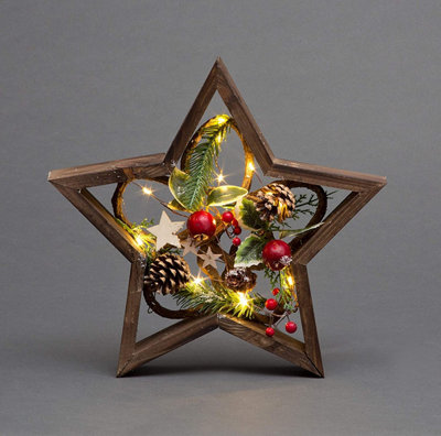40cm Prelit Wooden Star Frame Tabletop Decorations Xmas Ornament Gifts Decorated with Leaves Pine Cones Berries Price Comparisons | Compare The Build