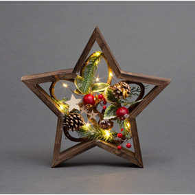 40cm Prelit Wooden Star Frame Tabletop Decorations Xmas Ornament Gifts Decorated with Leaves Pine Cones Berries