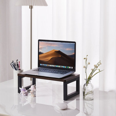 40cm W x 23cm D x 14cm H Brown Wood and Metal Computer Monitor Stand