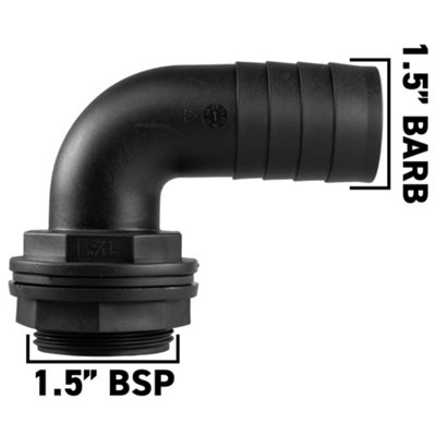 40mm (1.5") barb Water butt/rain barrel/water storage tank overflow hosetail elbow with nut & washer (requires a 48mm hole)