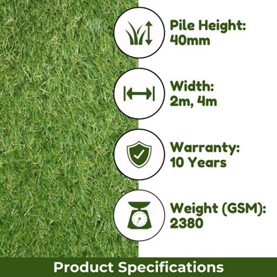 40mm Soft Fake Grass, Premium Synthetic Outdoor Artificial Grass, Pet-Friendly Fake Grass-3m(9'9") X 2m(6'6")-6m²