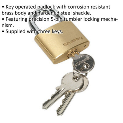 40mm Solid Brass Padlock 6.5mm Hardened Steel Shackle - 3 Key Security Unit Lock