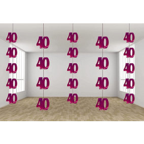 40th Glitz Pink Anniversary Birthday Metallic Hanging String Shiny Foil Wall Decorations Pack of 6