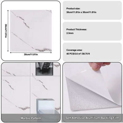 40X Tile Stickers Large Self Adhesive Wall Tiles Bathroom PET Marble ...