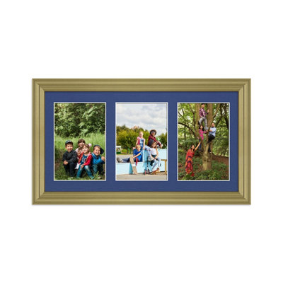 40X20CM Gold Classic Multi Photo Frame with Blue Mount - Holds 3 ...