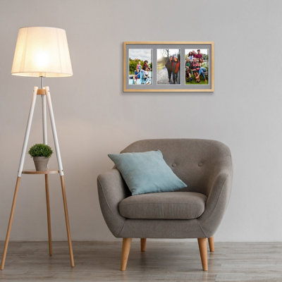 40X20CM Oak Sleek Multi Photo Frame with Mid Grey Mount - Holds 3 ...