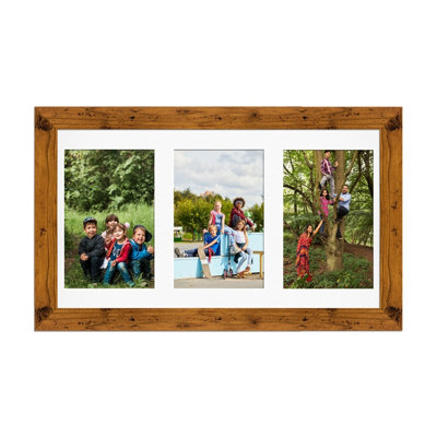 40X20CM Rustic Oak Modern Multi Photo Frame with White Mount - Holds 3 ...