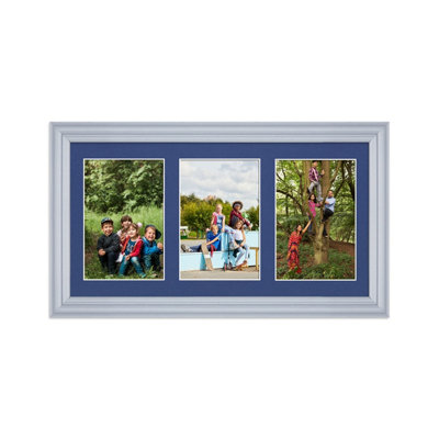 40X20CM Silver Classic Multi Photo Frame with Blue Mount - Holds 3 ...