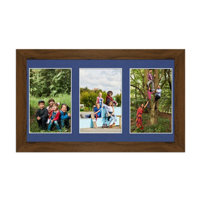 40X20CM Walnut Modern Multi Photo Frame with Blue Mount - Holds 3 ...