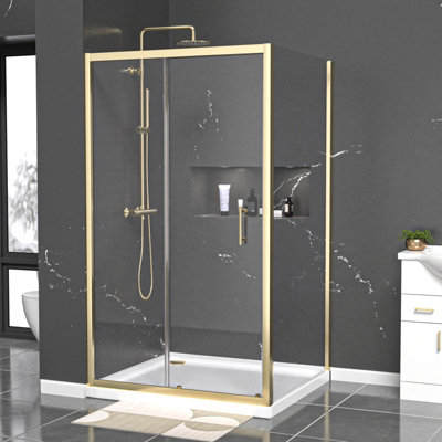 Nes Home 1100 X 1000mm Shower Enclosure Sliding Door & Side Panel Brushed Brass from B&Q