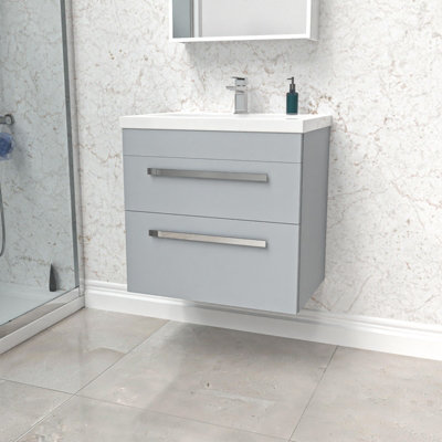B&Q -  600mm Matte Grey Wall Hung Drawers Vanity Cabinet & Ceramic Basin Sink