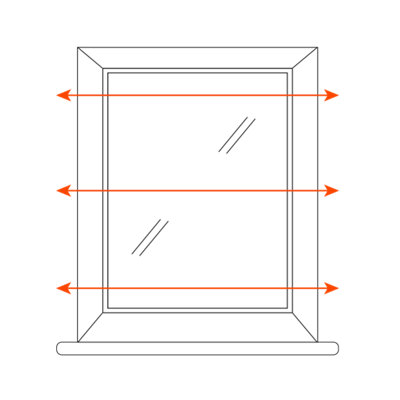 An illustration of a window and frame with three arrows stretching horizontally beyond the edges of the window and frame, indicating that the width of the window recess needs to be measured.