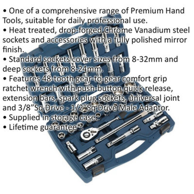 41pc PREMIUM Deep Socket & Ratchet Handle Set 1/2" Square Drive 6 Point Metric