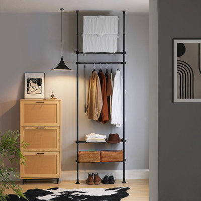 Sobuy Kls07-SchTelescopic Clothes RailHeavy Duty Clothes RackAdjustable Open Wardrobe With Hanging Rails And ShelvesBlack from B&Q