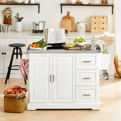 B&Q -  Fkw41-StExtendable Kitchen Island Kitchen Cabinet Sideboard Storage Trolley With Stainless Steel Worktop,white