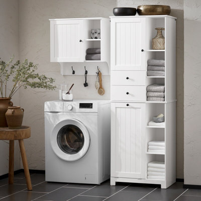 Sobuy Bzr104-W,tall Bathroom Storage Cabinet With Laundry Basket Slim Freestanding Bathroom Unit Narrow Storage Cupboard from B&Q