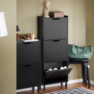 Sobuy Fsr177-H-SchNarrow Shoe Rack With 3 Flip Drawers Slim Wooden Shoe Storage Cupboard,black,w50.5Xd19Xh129.5
