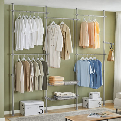 Sobuy Kls04-Ii-HgTelescopic Clothes Rail Heavy Duty Clothes Rack Adjustable Open Wardrobe With Hanging Rails & Shelves,grey from B&Q