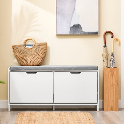 Sobuy Fsr151-L-W,shoe Bench With 2 Doors Functional,120X45X51.5White,w105Xd24Xh52