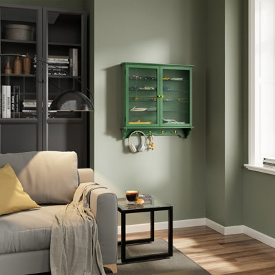 B&Q -  Wall Mounted Display Cabinet With 2 Glass Doors 4 Shelves & 4 Hooks 26.7X5.3X26.9 Inch Fsb114-E-SyDark Green