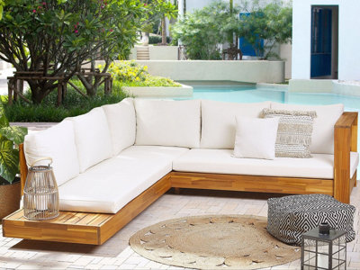 Beliani Garden Corner Sofa 5 Seater Marettimo Left Hand Off-White Certified Acacia Wood